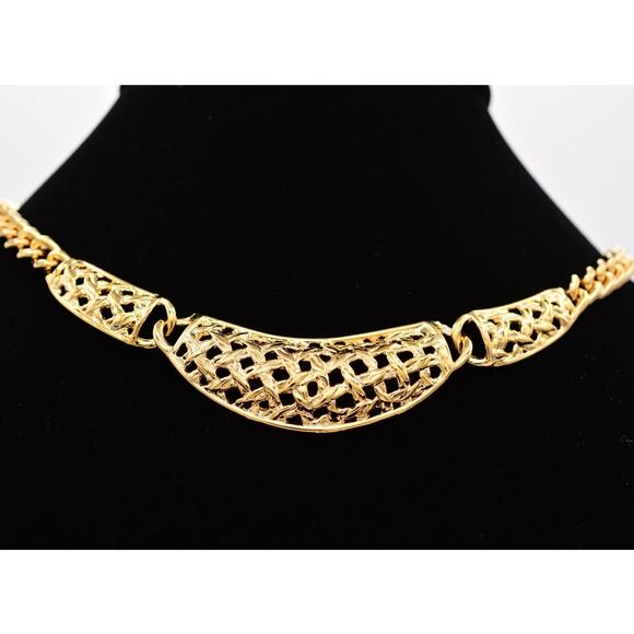 Vintage Chunky Collar Necklace Basket Weaved Cuban Chain Gold NOS 1980s Bin6A - Picture 1 of 12